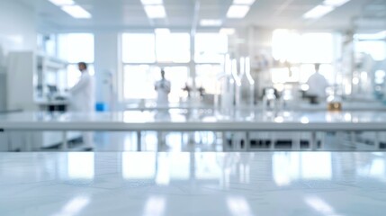 Wall Mural - modern laboratory background with empty table. blurred lab interior with scientists working in backg