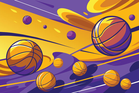 Basketballs on purple and yellow background.