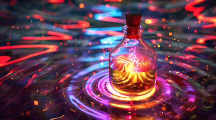 Wall Mural - Glowing bottle with magic potion floating on a reflective surface.