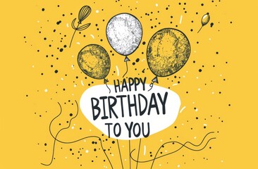 Simple Line Balloon Illustration on Yellow Background Happy Birthday Card Design， text 