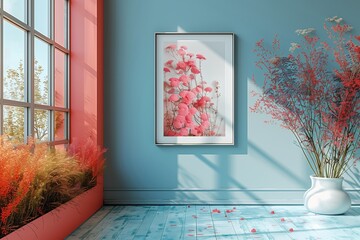 Poster - Framed Pink Flower Print In Modern Interior