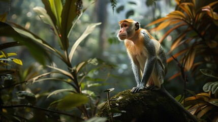 A wild proboscis monkey in the rainforest standing very detailed and realistic shape