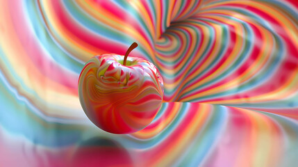 Wall Mural - A 3D rendering of a shiny red apple with a brown stem. The apple is set against a colorful, psychedelic background of swirling colors.