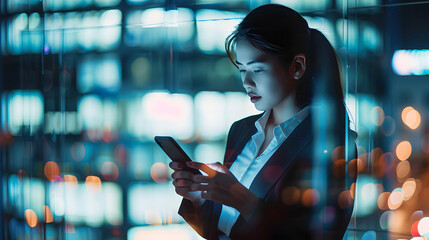 Poster - businesswoman using phone near window