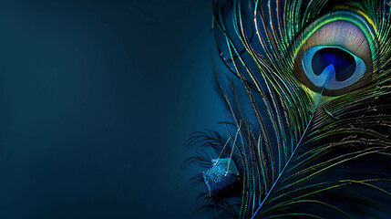 A beautiful peacock feather with a shiny blue gem on a dark blue background. The feather is a symbol of beauty, luxury, and wealth.