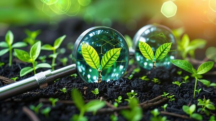Soil with sprouting leaves and digital seeds, showcasing tech-enhanced agriculture and green energy growth