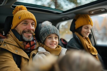 A family of three, dressed warmly, smiles and enjoys a winter day inside their car, illustrating togetherness, adventure, and warmth, as they embark on a snowy journey.