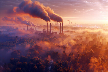 Wall Mural - Thick smog over an industrial landscape with smoking factory chimneys, symbolizing the air pollution problem.