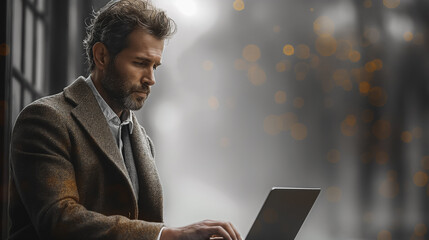 Poster - Businessman in formal attire, using a laptop