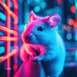 © KanitChurem - A cute white rat illuminated by neon lights in a vibrant pink and blue color scheme.