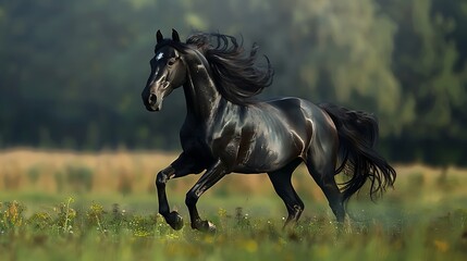 Wall Mural - Beautiful dark horse playing on the grass field very detailed and realistic shape