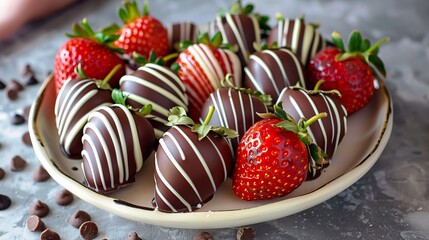 Sticker - Delicious chocolate-covered strawberries on a plate. Perfect for romantic treats, desserts, or celebrations. A beautiful and tasty assortment of strawberry desserts. 