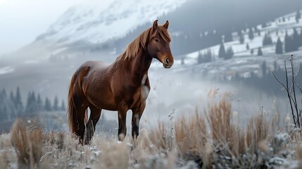 Wall Mural - Brown horse standing in field by mountain during winter very detailed and realistic shape