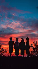 Wall Mural - Silhouettes of graduates in graduation caps at sunset 