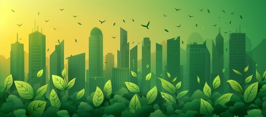 Wall Mural - A modern city skyline made of green, with buildings shaped like leaves and trees, set against an earthy gradient background