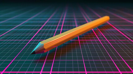 Wall Mural - A closeup of a sharpened yellow pencil lying on a graph paper with pink grid lines. The background is dark with a subtle grid pattern.