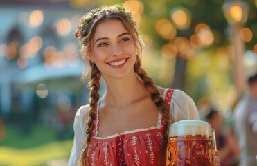 Wall Mural - A smiling woman in a red and white Bavarian dress holds a beer stein at Oktoberfest