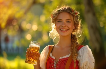 Wall Mural - A smiling woman in a red and white Bavarian dress holds a beer stein at Oktoberfest