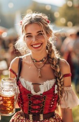 Wall Mural - A smiling woman in a red and white Bavarian dress holds a beer stein at Oktoberfest