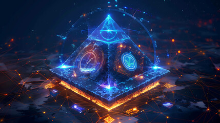 Wall Mural - A glowing blue pyramid surrounded by a network of glowing blue lines.