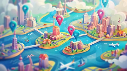 Geolocation dashboard for navigation, digital map, and GPS. Travel, tourism, home delivery, and package tracking illustrated using cartoon graphics for website posters or banners.