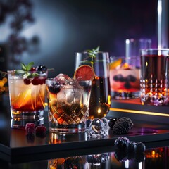 Sticker - A tray of drinks with a variety of glasses and a black background