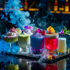 Sticker - A tray of colorful drinks with a blue smoke in the background