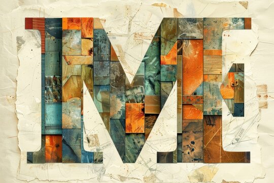 An artistic collage illustration of the letter M composed of various textures and materials creating a tactile and visually interesting piece.