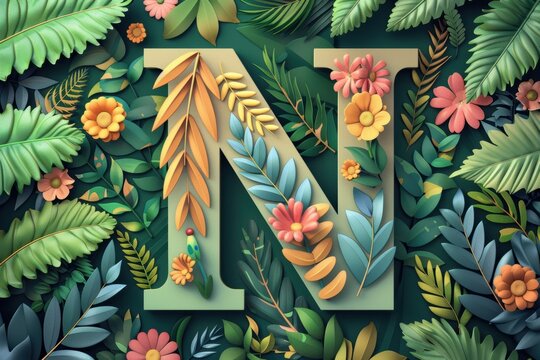 An illustration of the letter N surrounded by nature elements like leaves and flowers creating a harmonious and organic composition.