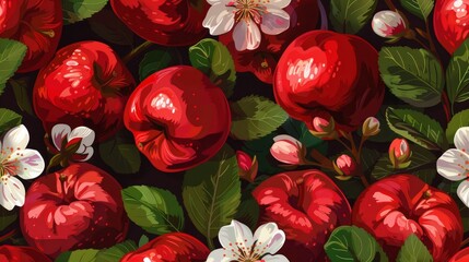 Wall Mural - Seamless pattern with cartoon red apples and blossom branches.


