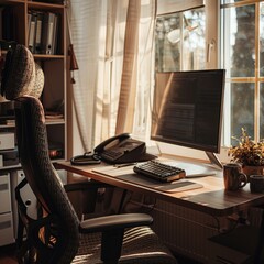 Poster - A computer desk with a chair and a keyboard