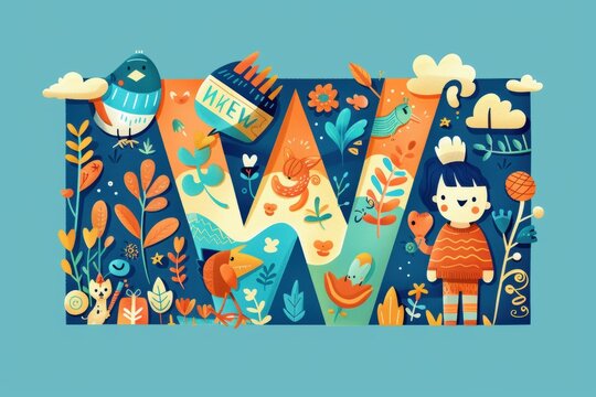 An imaginative illustration of the letter W surrounded by whimsical characters and elements adding a sense of fun and fantasy to the design. Ideal for children's books or playful branding projects.