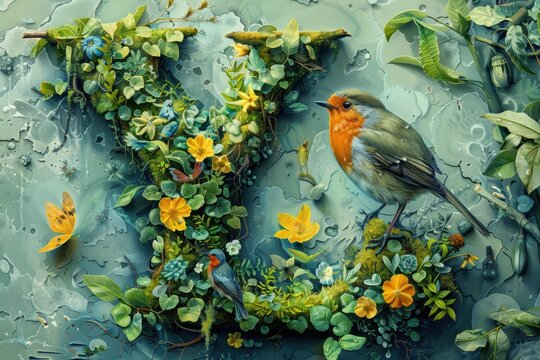 A whimsical illustration of the letter Y incorporating elements of nature and fantasy to create a magical effect.