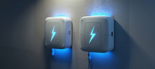 two futuristic wall mounted energy storage cells with blue lightning bolt logo on them, white and light grey color scheme