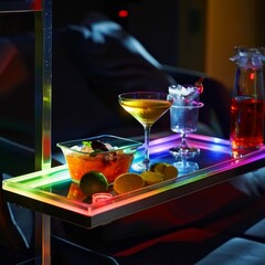 Sticker - A tray of drinks and food is on a table with a chair in the background