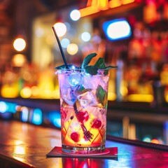 Sticker - A colorful drink with a cherry garnish sits on a coaster on a bar