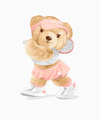 Wall Mural - adorable girly bear doll tennis player hand drawn vector illustration