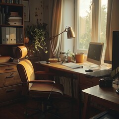 Poster - A small office with a desk and chair, a computer monitor and keyboard