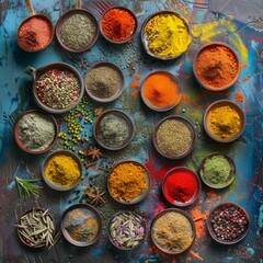 Canvas Print - A colorful assortment of spices are displayed in bowls on a blue background