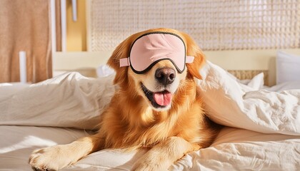 Poster - happy golden retriever dog in a sleeping mask relaxing in bed