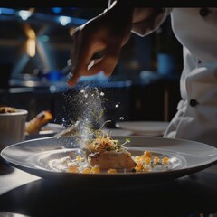 Canvas Print - A chef is preparing a dish with a lot of garnish on it