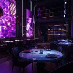 Canvas Print - A restaurant with a purple wall and a neon sign