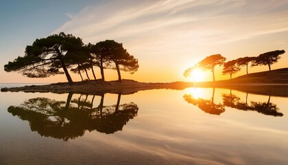 reflection of trees in beautiful sea during sunset