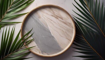 empty marble board or tray with green palm leaves on a light texture background layout concept for presentation of promotional products sale or demonstration of cosmetics generated ai top view