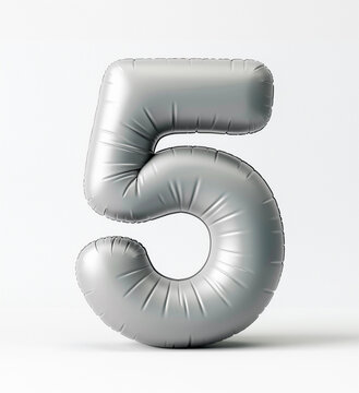 AI generated photo with inflatable light gray color number 5. Minimalistic balloon isolated on a white background