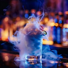 Sticker - A glass of liquid with a green lime on top is surrounded by smoke