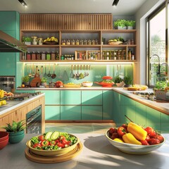 Wall Mural - A kitchen with a green color theme and a lot of fruits and vegetables