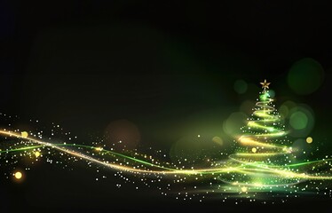 Wall Mural - Gold and green stream of lights and particles in motion building a spiraling christmas tree. Glitter, bright glowing shining magical twisted ladder ending in a beautiful sparkling holiday tree