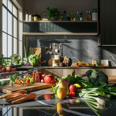 Wall Mural - A kitchen with a counter full of fruits and vegetables, including apples