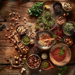 Canvas Print - A table full of various spices and nuts